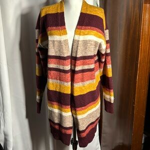 Time and Tru Open Front Striped Cardigan in Burgundy, Mustard, Rust, Cream